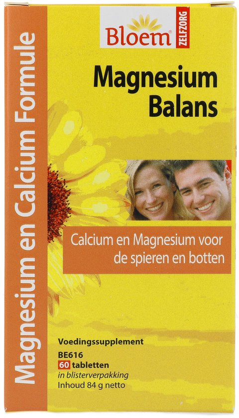 Magnesium Balans doos met zonnebloem en lachend stel, naast een strip tabletten.