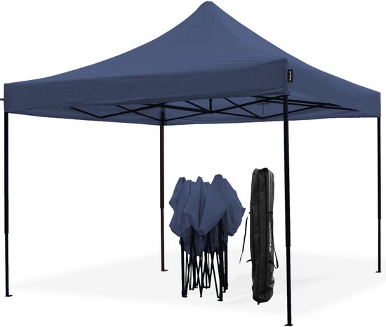LifeGoods Partytent - Paviljoen - 3x3 m - Easy Up - Opvouwbaar - Waterdicht - Draagtas met Wieltjes - Donkerblauw