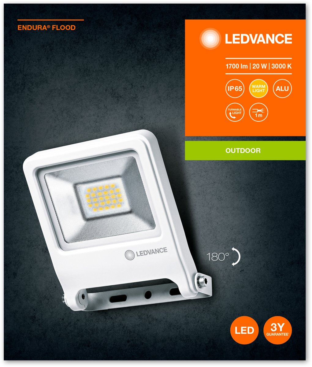 LEDVANCE Schijnwerper LED: voor muur, ENDURA FLOOD Warm wit / 2- W, 22-…24- V, stralingshoek: 12-, Warm wit, 3- K, body materiaal: aluminum, IP65