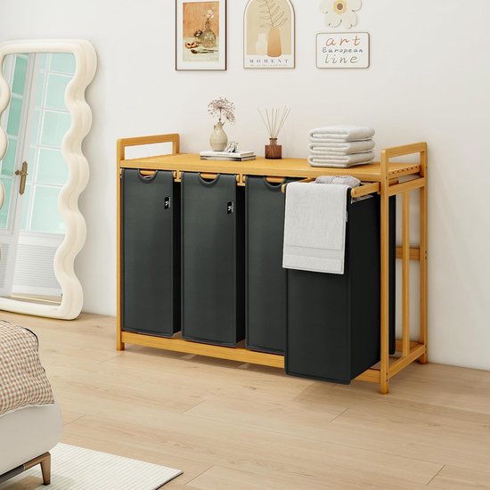 YOUDENOVA Bamboo Frame Laundry Basket with 2 Shelves with 2 Pull-Out Laundry Bags, Suitable for Bedroom, Bathroom and Laundry Kitchen, 93 x 64 x 33 cm, Black