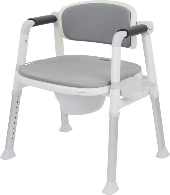 MultiMotion Commode douchestoel met toiletrolhouder en zeepbakje - Grijs - Zachte bekleding en opklapbare armleuningen - Douchestoel en Toiletstoel in 1 - Multifunctionele postoel