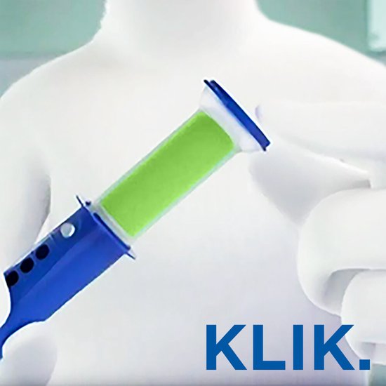 Hand die een blauw en groen toiletgel hulpmiddel vasthoudt met de tekst KLIK.