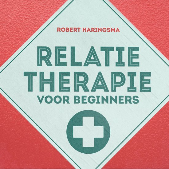 Boek "Relatietherapie voor beginners" van Robert Haringsma met een groen kruis op een rood-wit ruitpatroon.
