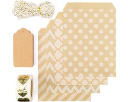 Geschenk Verpakking Set – 20 Cadeau Zakjes Kraft Papier – 50 Cadeau Labels Hart Kraft – 500 Sluitstickers Hart Goud Thank You – Decoratie Touw Wit Goud