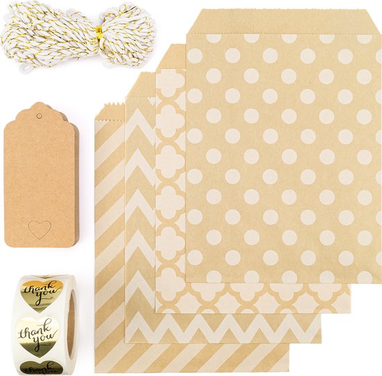 Geschenk Verpakking Set – 20 Cadeau Zakjes Kraft Papier – 50 Cadeau Labels Hart Kraft – 500 Sluitstickers Hart Goud Thank You – Decoratie Touw Wit Goud