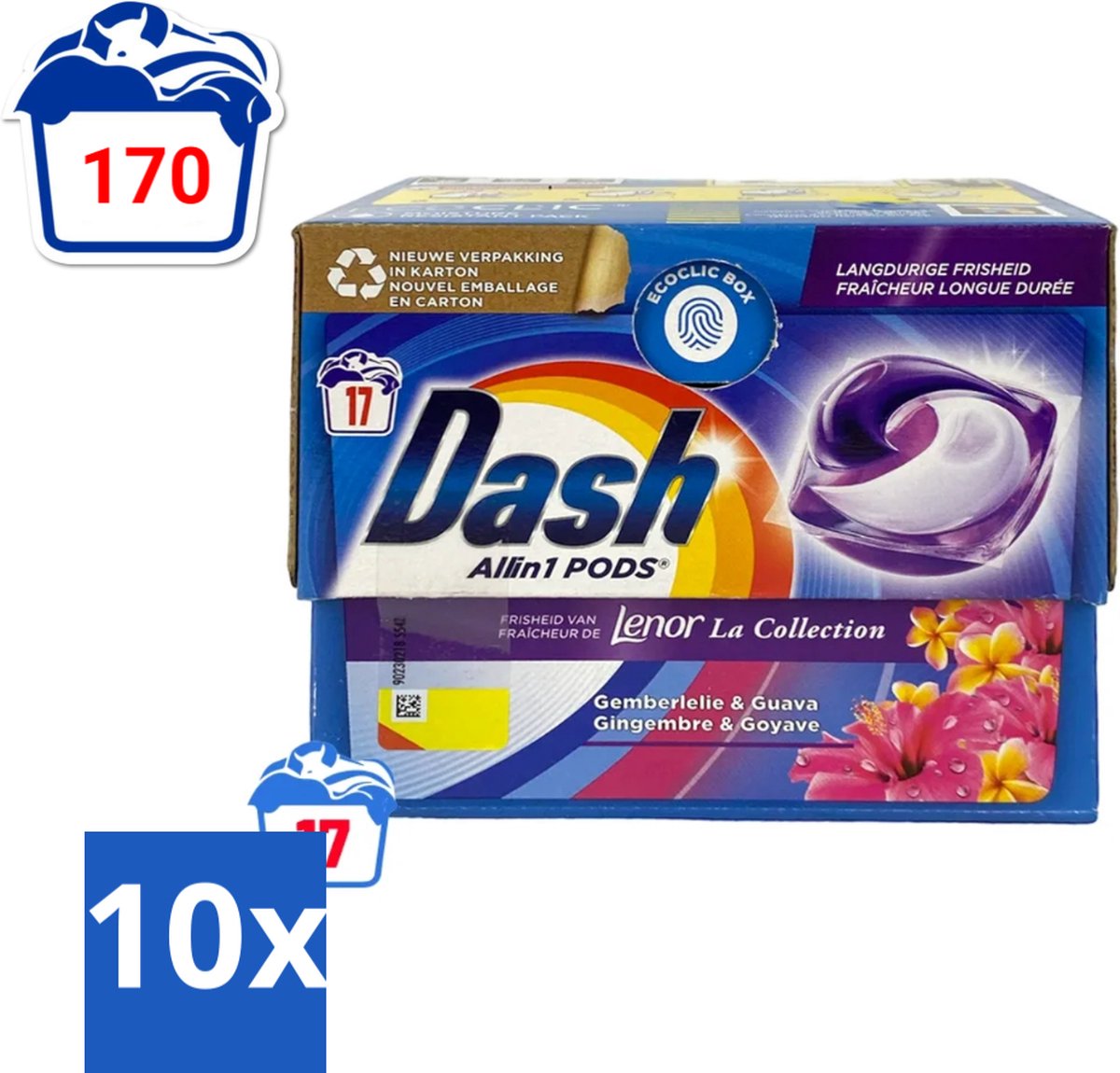 10 x Dash - Lenor Collectie - Wasmiddel Capsules - All-in-1 Pods - Witte en Gekleurde Was - Gemberlelie & Guava - 17 Wasbeurten - Voordeelverpakking - 10 stuks