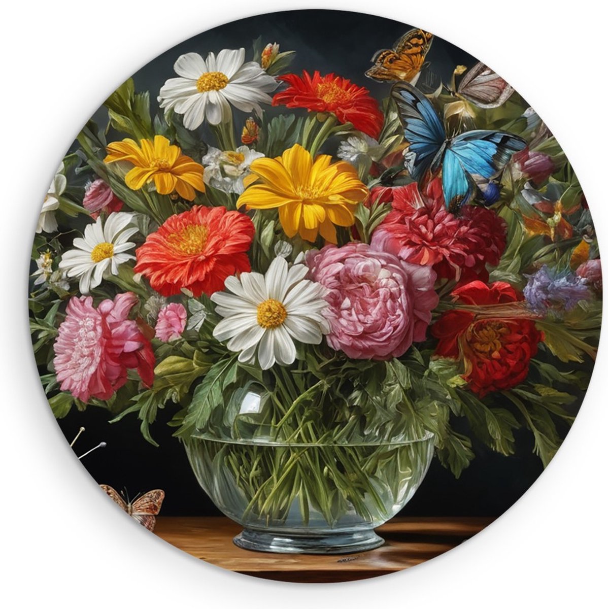 Saammp Muurcirkel Hout - Vaas met bloemen - Kleurrijk - Natuur - Ø 80 - Wandcirkel - Wanddecoratie Cirkel - Muurdecoratie Woonkamer - Kantoor Decoratie