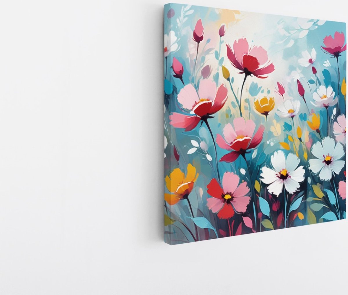Saammp Canvas Schilderij - Kleurrijke Getekende Bloemen - Abstract - 100x100 - Foto op canvas - Wanddecoratie - Muurdecoratie Woonkamer - Kantoor Decoratie Multicolor