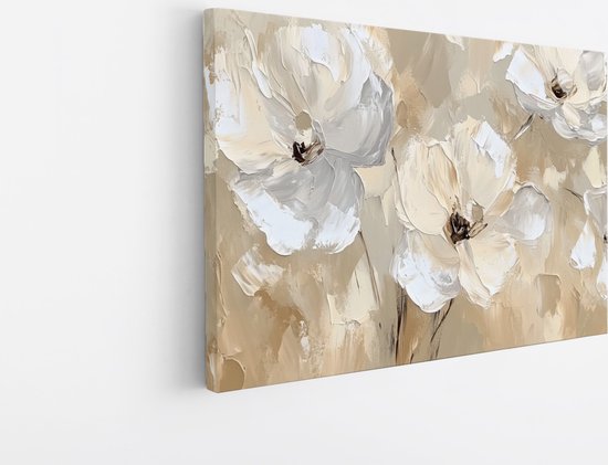 Abstract schilderij met close-up van witte bloemen, in crème en bruine tinten.