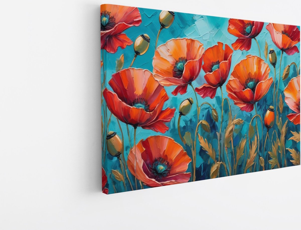 Saammp Canvas Schilderij - Rode Klaprozen - Natuur - Abstract - 70x50 - Foto op canvas - Wanddecoratie - Muurdecoratie Woonkamer - Kantoor Decoratie Multicolor