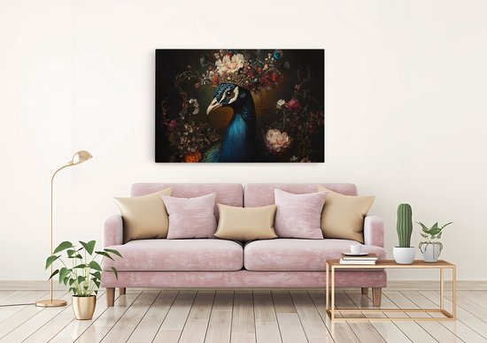 Saammp Canvas Schilderij - Pauw met kroon - Bloemen - Dieren - Natuur - 60x40 - Foto op canvas - Wanddecoratie - muurdecoratie Woonkamer - Slaapkamer decoratie - Canvas Print