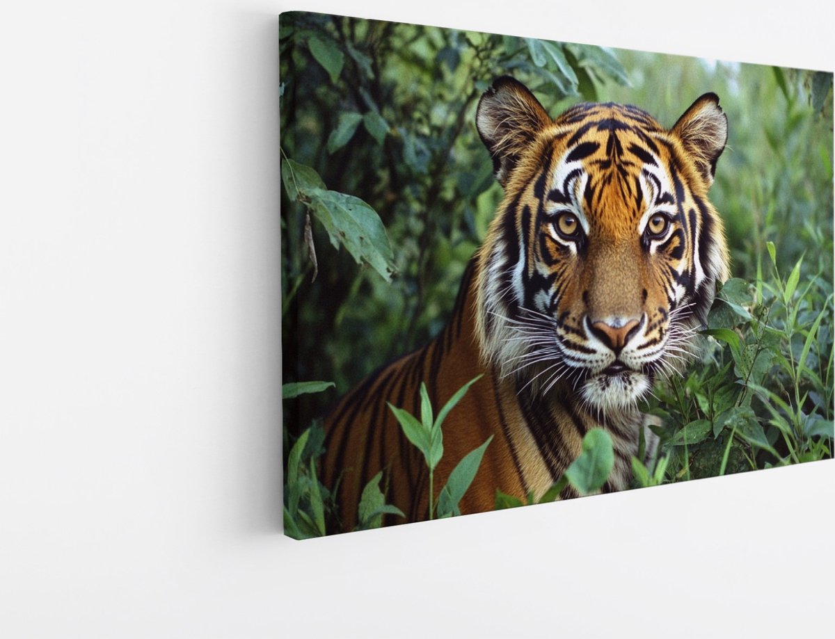 Saammp Canvas Schilderij - Jonge Tijger tussen de Planten - Natuur - Dieren - 60x40 - Foto op canvas - Wanddecoratie - muurdecoratie Woonkamer - Slaapkamer decoratie - Canvas Print Multicolor
