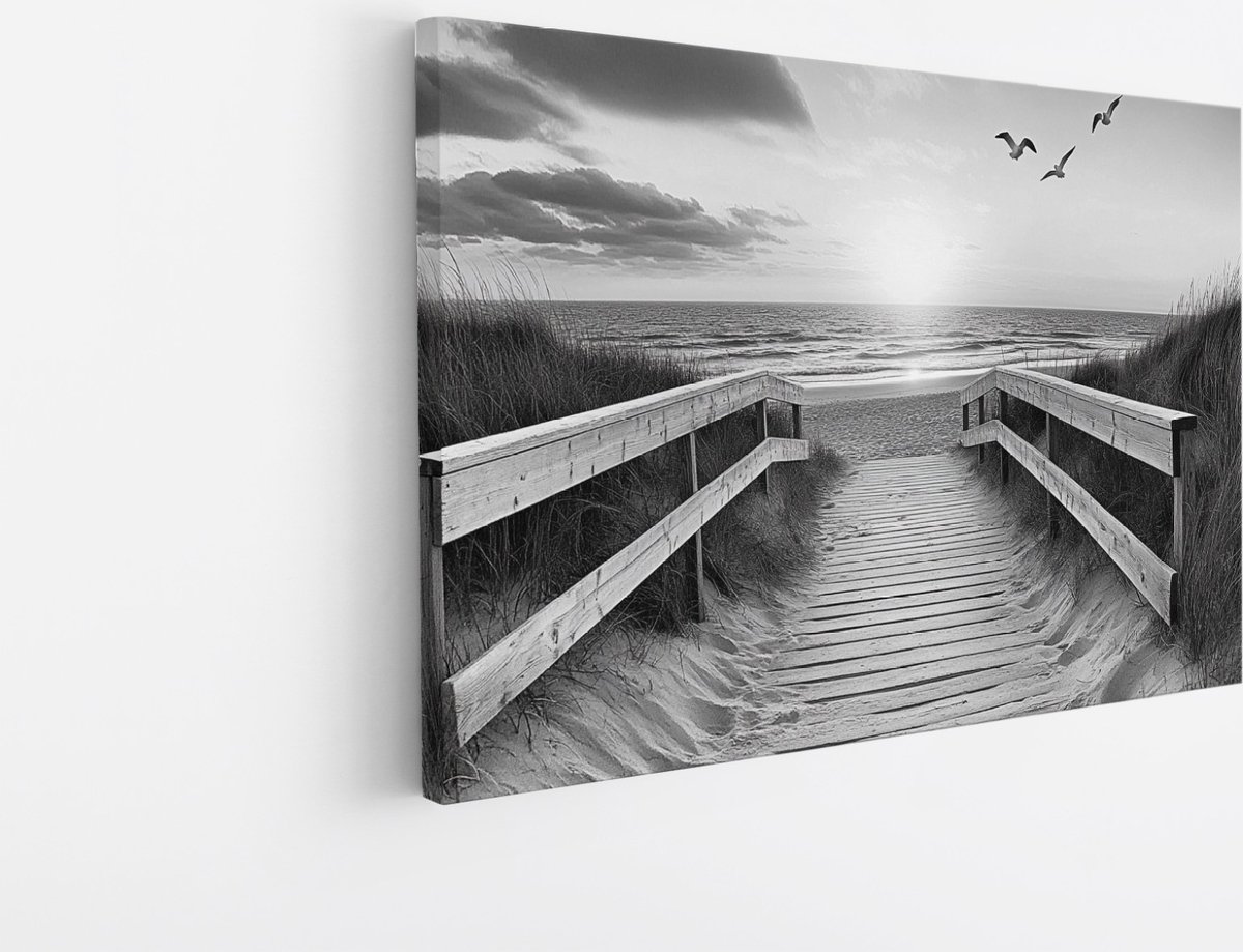 Saammp Canvas Schilderij - Zwart-Wit - strand en zee - Duinen - 60x40 - Foto op canvas - Wanddecoratie - muurdecoratie Woonkamer - Slaapkamer decoratie - Canvas Print Multicolor