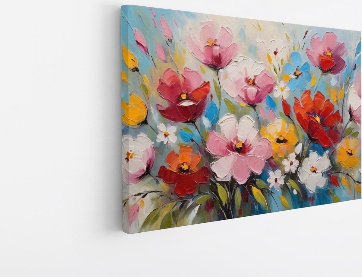 Saammp Canvas Schilderij - Kleurrijke Abstracte Bloemen - Natuur - 90x60 - Foto op canvas - Wanddecoratie - Muurdecoratie Woonkamer - Kantoor Decoratie Multicolor