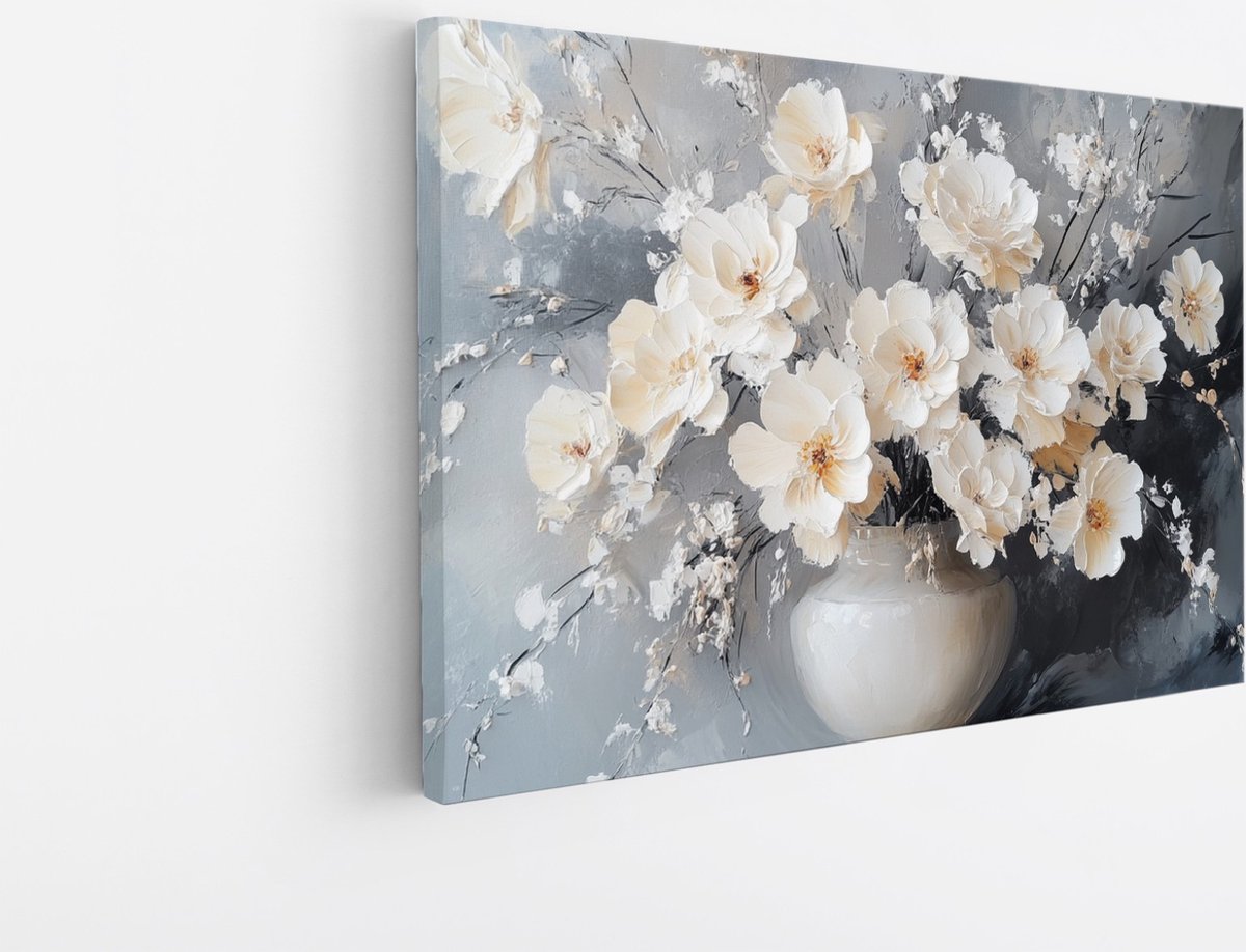 Saammp Canvas Schilderij - Witte Bloemen in een mooie vaas - Natuur - Abstract - 90x60 - Foto op canvas - Wanddecoratie - Muurdecoratie Woonkamer - Woonkamer Decoratie Multicolor