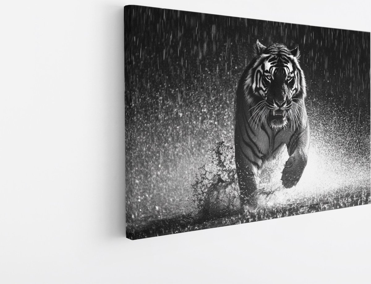 Saammp Canvas Schilderij - Tijger in de regen - Natuur - Dieren - 100x75 - Foto op canvas - Wanddecoratie - muurdecoratie Woonkamer - Slaapkamer decoratie - Canvas Print Multicolor