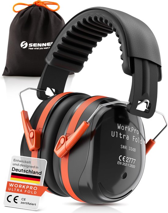 Foto: Senner workpro ultra fold gehoorbeschermer verstelbare oorkappen voor volwassenen oorbescherming earmuffs snr 33 db zwart oranje gehoorkap ce gecertificeerd unisex ideaal voor werk vrije tijd