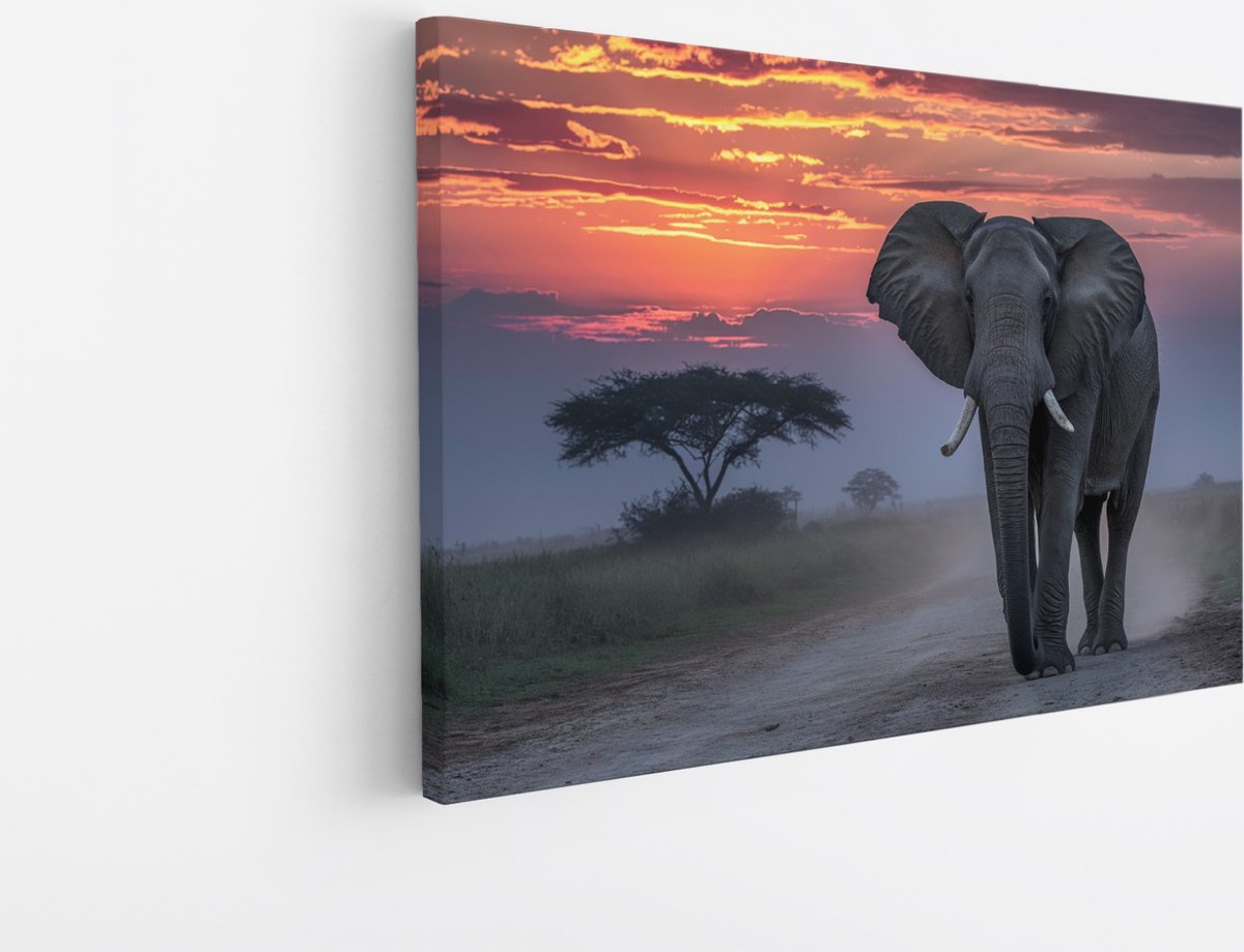 Saammp Canvas Schilderij - Olifant in de Serangeti in de zonsondergang- Natuur - Dieren - 40x30 - Foto op canvas - Wanddecoratie - Muurdecoratie Woonkamer - Slaapkamer decoratie - Canvas Print Multicolor