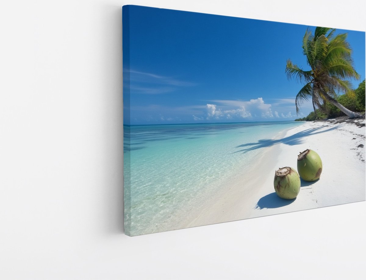 Saammp Canvas Schilderij - Strand met kokosnoten - Zee - 45x30 - Foto op canvas - Wanddecoratie - muurdecoratie Woonkamer - Slaapkamer decoratie - Canvas Print Multicolor