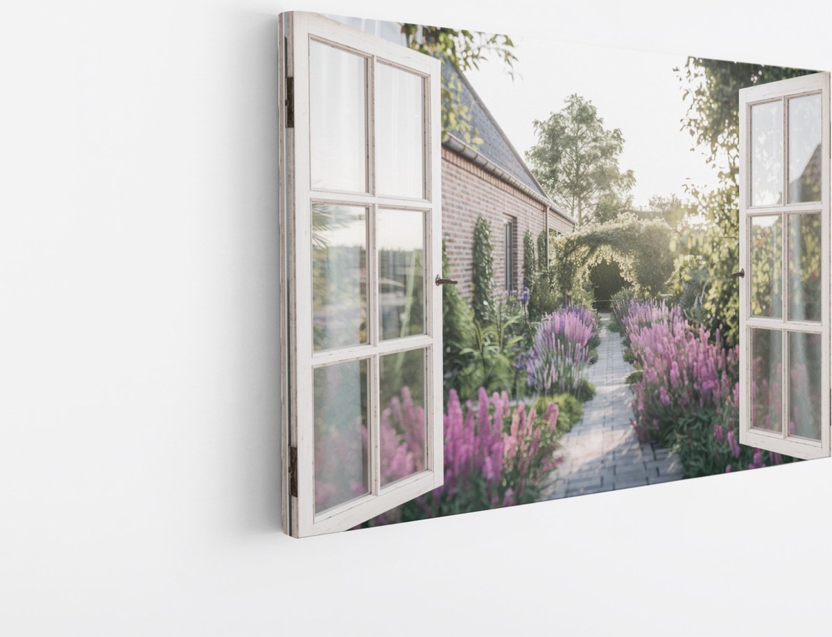 Saammp Canvas Schilderij - bloementuin met huis - Natuur - Doorkijk - 150x100 - Foto op canvas - Wanddecoratie - Muurdecoratie Woonkamer - Slaapkamer decoratie - Canvas Print Multicolor