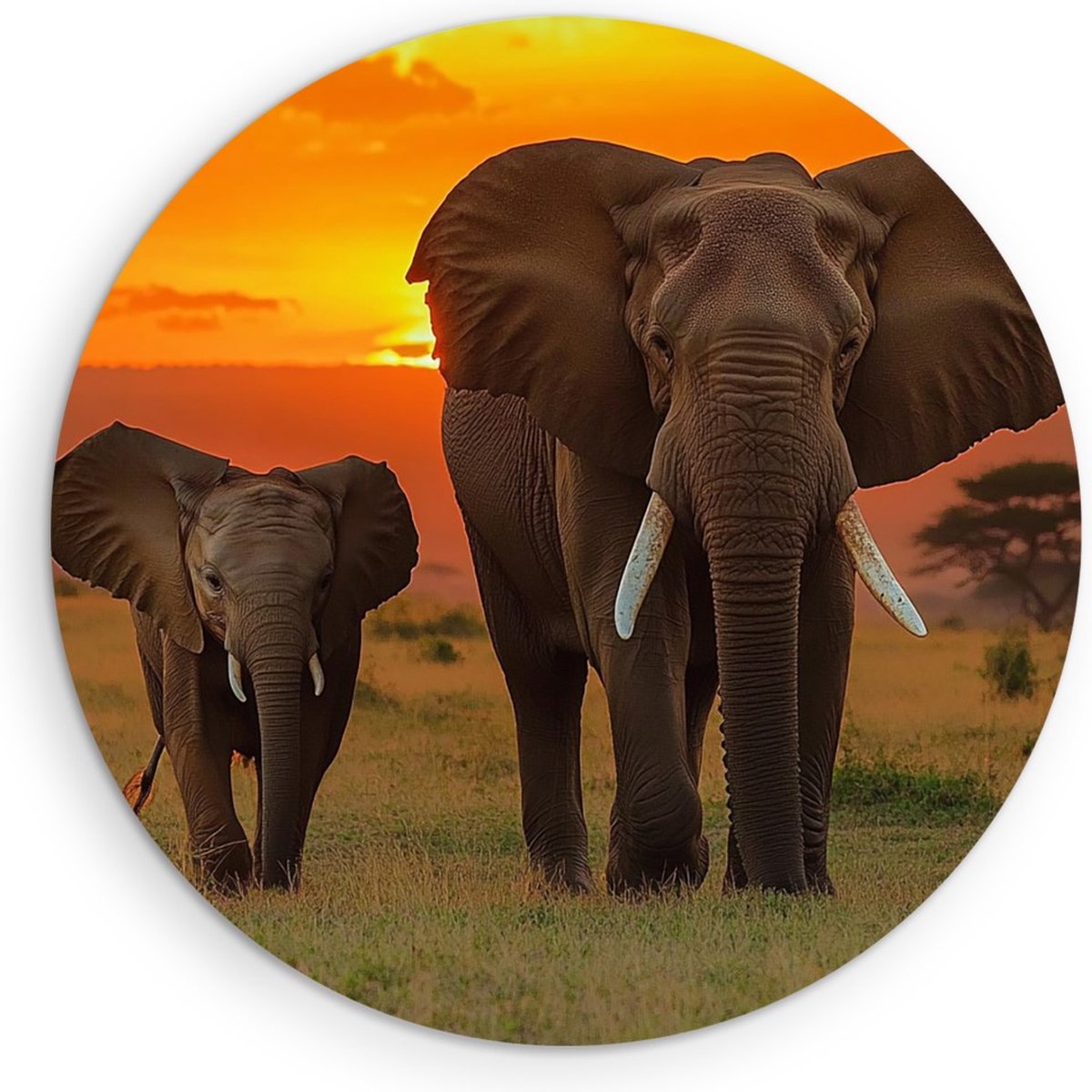Saammp Forex Muurcirkel - Olifant met Jong in zonsondergang - Afrika - Dieren - Ø 40 - Wandcirkel - Wanddecoratie Cirkel - muurdecoratie Woonkamer - Slaapkamer decoratie - Rond Schilderij