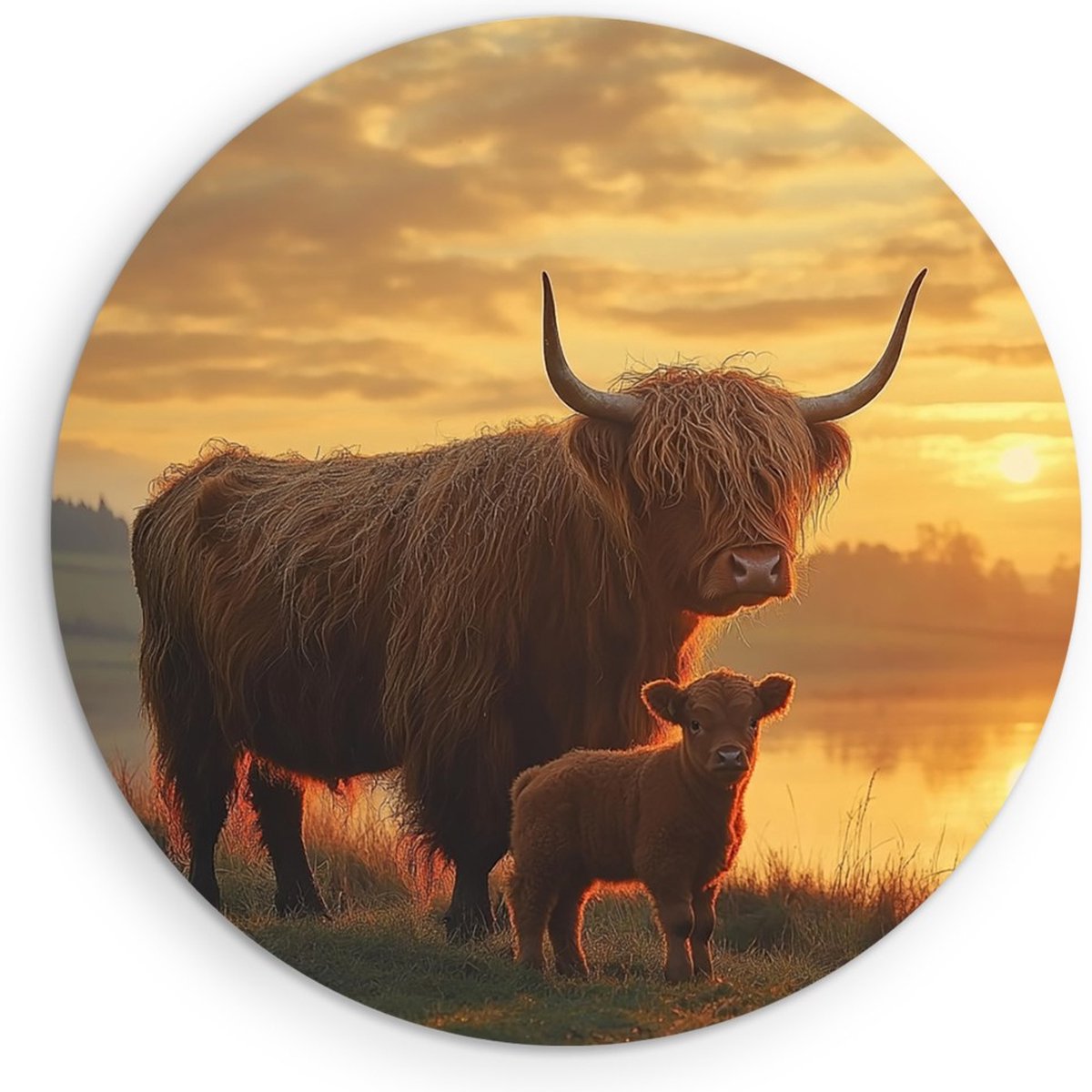 Saammp Muurcirkel Hout - Schotse Hooglander Koe - Kalf - Zonsondergang - Dieren - Natuur - Ø 30 - Wandcirkel - Wanddecoratie Cirkel - muurdecoratie Woonkamer - Slaapkamer decoratie - Rond Schilderij