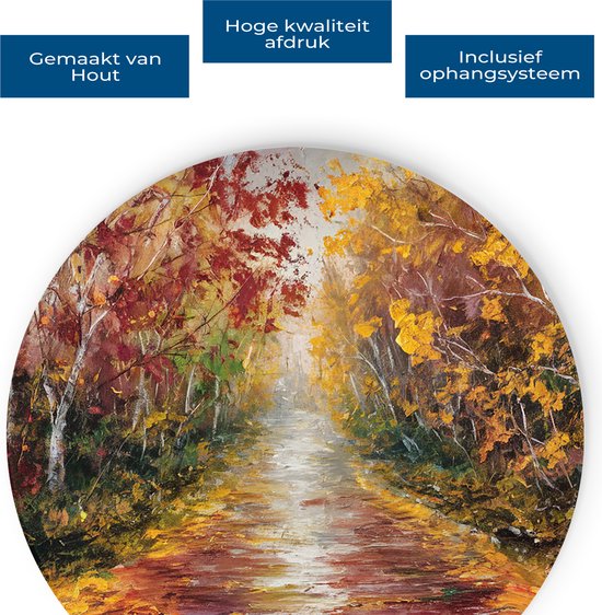 Saammp Muurcirkel Hout - Abstract Herfstachtig Bospad - Landschap - Natuur - Ø 30 - Wandcirkel - Wanddecoratie Cirkel - Muurdecoratie Woonkamer - Slaapkamer decoratie - Rond Schilderij