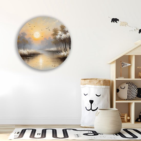 Saammp Forex Muurcirkel - witte landschap met zon - Natuur - Ø 70 - Wandcirkel - Wanddecoratie Cirkel - Muurdecoratie Woonkamer - Slaapkamer decoratie - Rond Schilderij