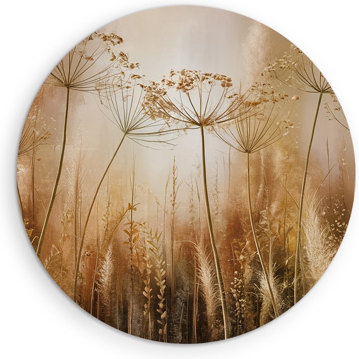 Saammp Forex Muurcirkel - Abstracte Planten - Naturel en Goudtinten - Ø 40 - Wandcirkel - Wanddecoratie Cirkel - Muurdecoratie Woonkamer - Kantoor Decoratie