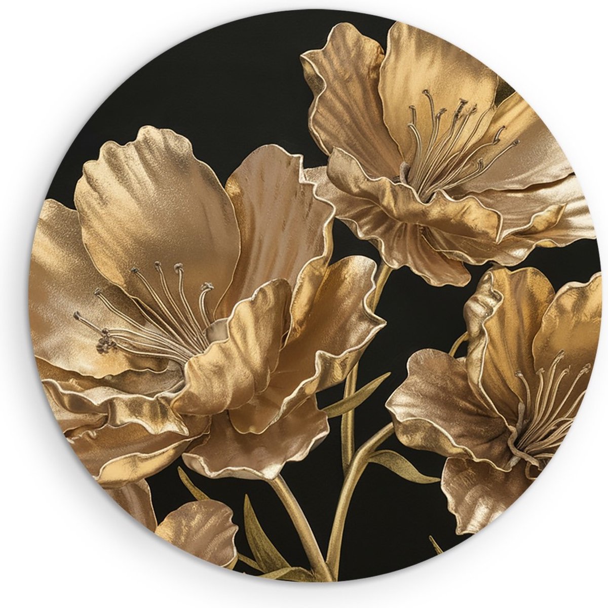 Saammp Forex Muurcirkel - Bloemen - Goud - Zwart - Abstract - Ø 80 - Wandcirkel - Wanddecoratie Cirkel - Muurdecoratie Woonkamer - Kantoor Decoratie
