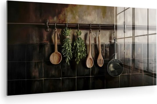 MuchoWow® Glasschilderij 80x40 cm - Tableau acrylique - Ustensiles de cuisine - Rustique - Carrelage - Épices - Photo sur verre - Décoration murale salon - Décoration murale chambre à coucher - Tableaux