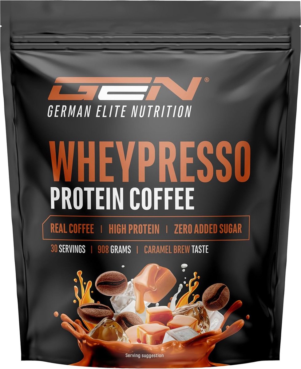Wheypresso Protein Coffee - Eiwitpoeder met Wheyconcentraat & Isolaat - Met echte koffie & cafeïne - Romige Hoge Eiwit Drank - (908 g, Karamelsmaak)