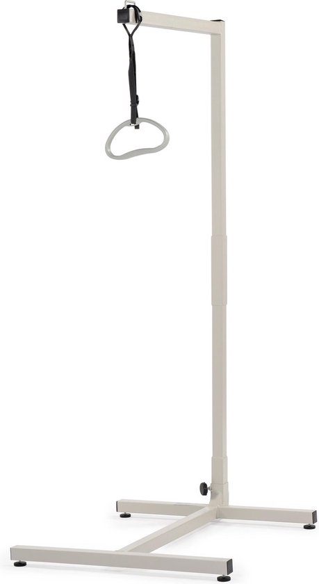 Een beige bedpapegaai met een grijze lus, staand op een platte, kruisvormige voet met zwarte doppen.