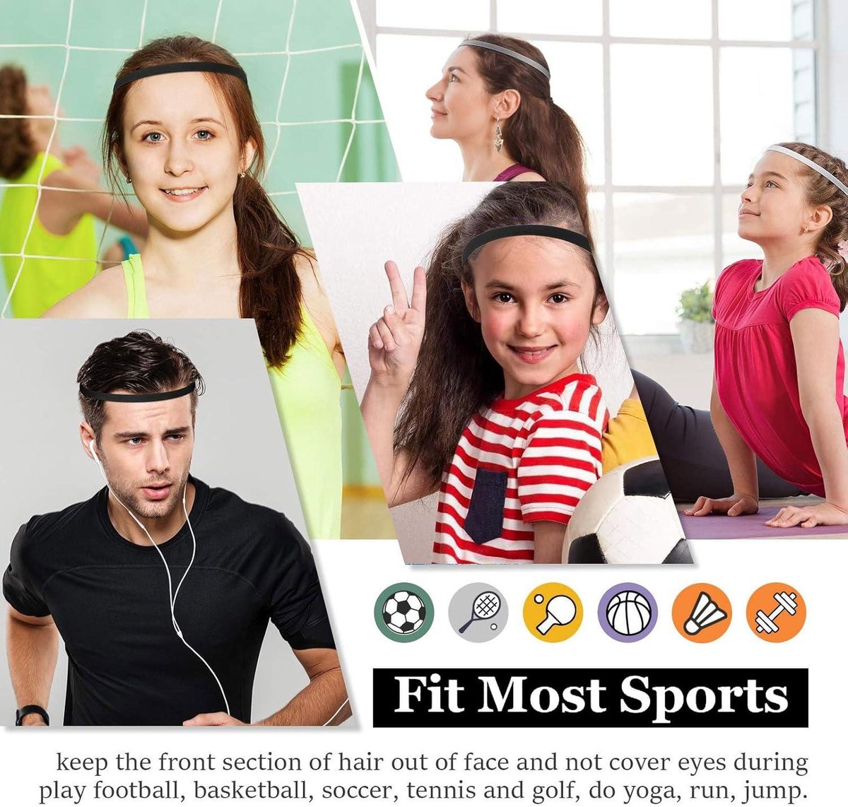 3 stuks sporthoofdband, dun, haarband voor jongens, antislip haarband, sporthoofdband voor meisjes, fitness-hoofdbanden, zwart, elastisch, voetbalhaar, hoofdbanden, voor dames en heren, voetbal, yoga