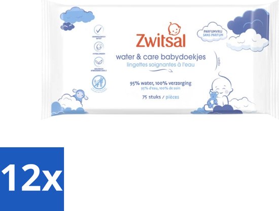 Zwitsal 0% Parfum - Babyverzorging - Babydoekjes Water & Care - 75 Doekjes - Voordeelverpakking - 12 stuks