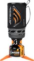 Jetboil Flash 1.0L kookset op oranje brandstofcartridge. Zwart met oranje accenten.