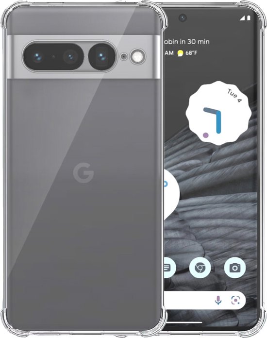 Transparante telefoonhoes om een Google Pixel 7 Pro. De achterkant heeft een grijze tint en het Google-logo.