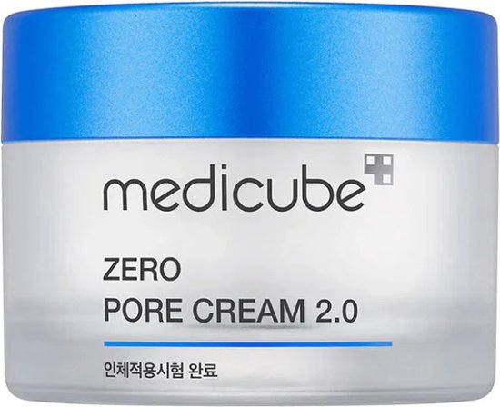 Een gesloten potje Medicube Zero Pore Cream 2.0 met een blauwe dop, op witte achtergrond.