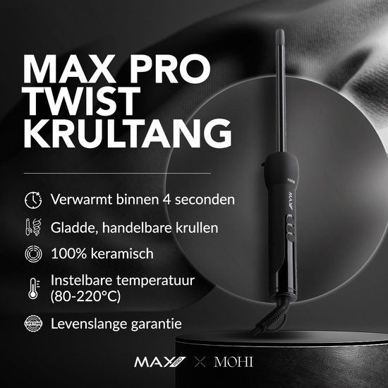 Max Pro Twist 9mm Krultang - Voor Kort en Lang Haar - Curling wand - Zonder Klem - Curler - Met Handschoen - Krultangen