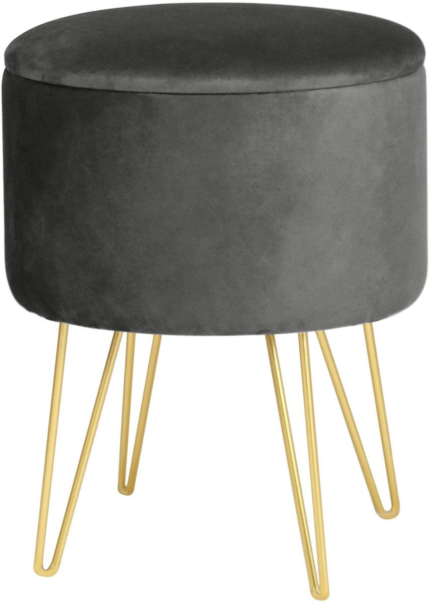 Ronde Opbergpoef in Grijs Fluweel met Gouden Stalen Basis - Zelfmontage Poef 45x35 cm