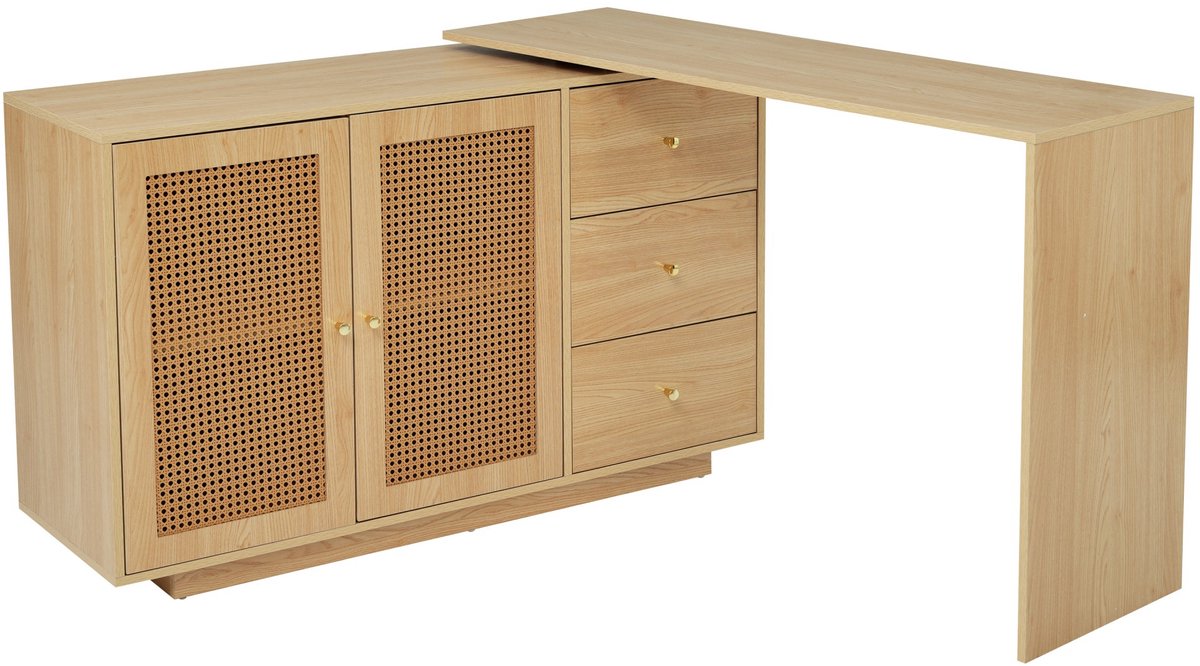 Sweiko Bureau - L-vormige hoektafel - Rotan deur - Opbergkast - Geen stoel - Natuurlijke