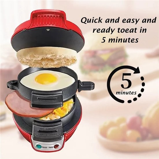 Ontbijtmachine - Ontbijtmuffinmaker - Elektrisch - Eenvoudig Reinigen - Broodrooster - Sandwich Maker - Veelzijdige Toepassing - Rood — afbeelding 4