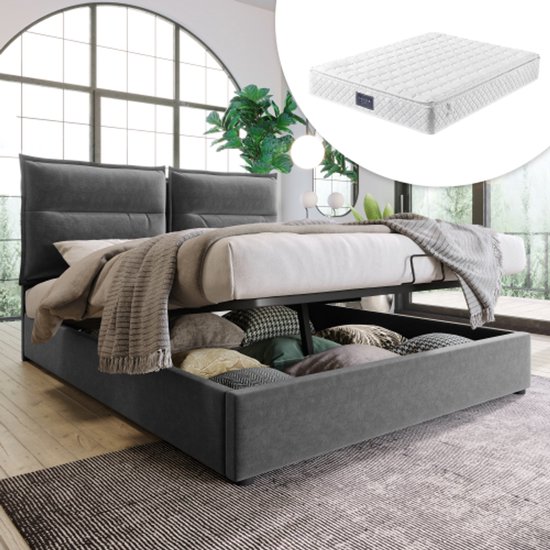 Dubbel gestoffeerd opbergbed - 140 x 200 cm - met 4 lades LED's USB - met matras Dubbel gestoffeerd opbergbed - 140 x 200 cm - met 4 lades LED's USB - met matras