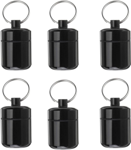 Pilulier avec porte-clés - 6 pièces - Boîte à médicaments - Pilulier - Boîte de rangement pour médicaments - Pilulier pour porte-clés - Étanche - Aluminium - pour médicaments/pilules - 3,4 x 2,7 cm - noir