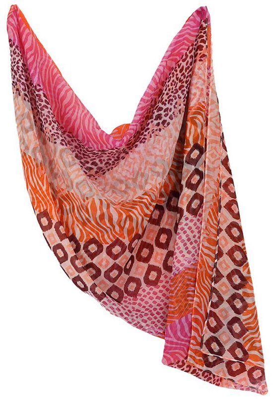 Lange sjaal met een patchwork van dierenprints in roze, oranje en paars.