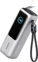 Anker Laptop Power Bank, 25.000mAh Draagbare Oplader met Drie 100W USB-C Poorten voor Meerdere Apparaten Opladen, Ingebouwde en Intrekbare Kabels- Silver voor iPhone 16/15 Serie, Samsung, en Meer