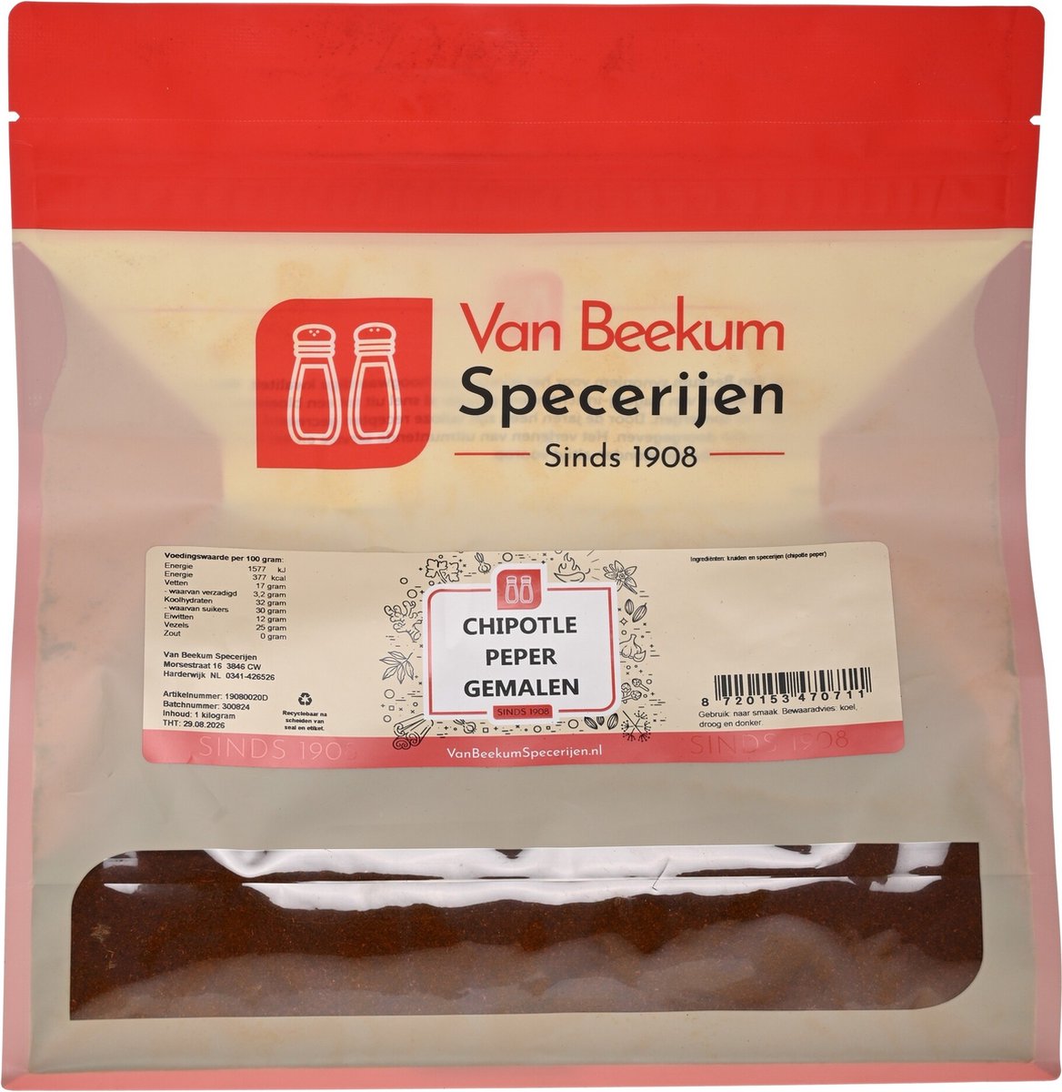 Goedkoopste Van Beekum Specerijen - Chipotle Peper Gemalen - 1 kilo (hersluitbare stazak