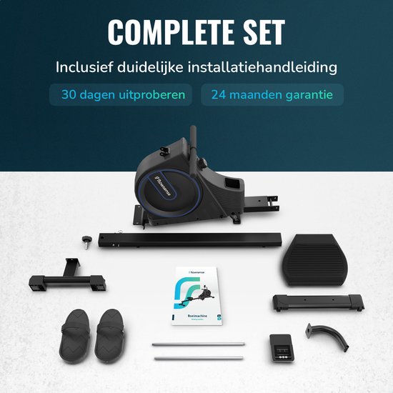 Complete set roeimachine met alle onderdelen, inclusief handleiding, 30 dagen proberen, 24 maanden garantie.