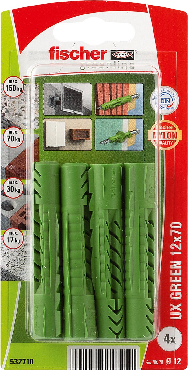 Fischer universeelplug UX Green Ø 12 x 70 met rand - Max 150 kg - 4 stuks