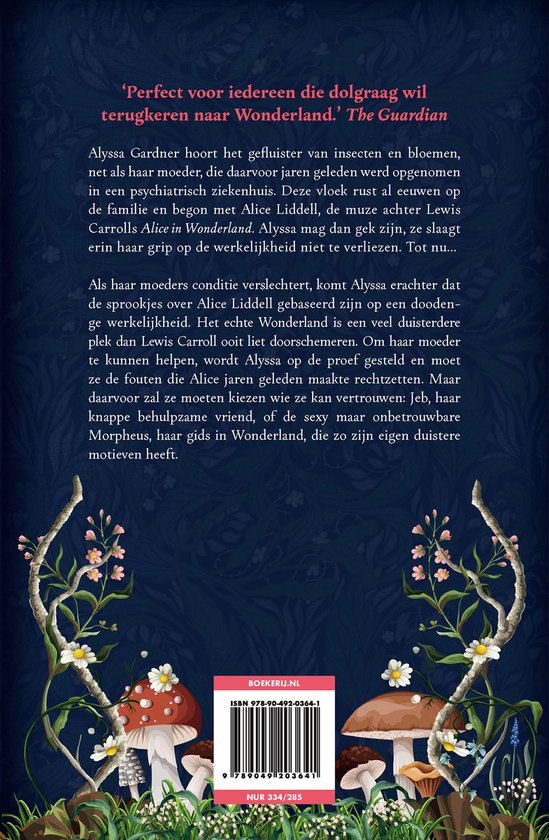 Dos d'un livre avec du texte sur 'Wonderland' et des décorations florales.